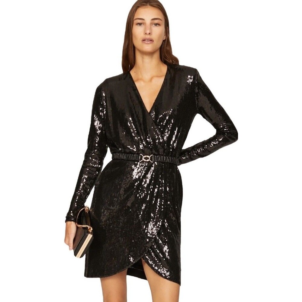Hugo BOSS Epalleta Black Sequin Long Sleeve Mini Cocktail Dress Size Small